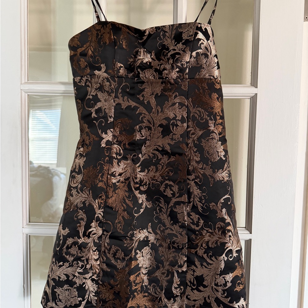Urban Outfitters Black and Gold Jacquard Patterned Mini Dress